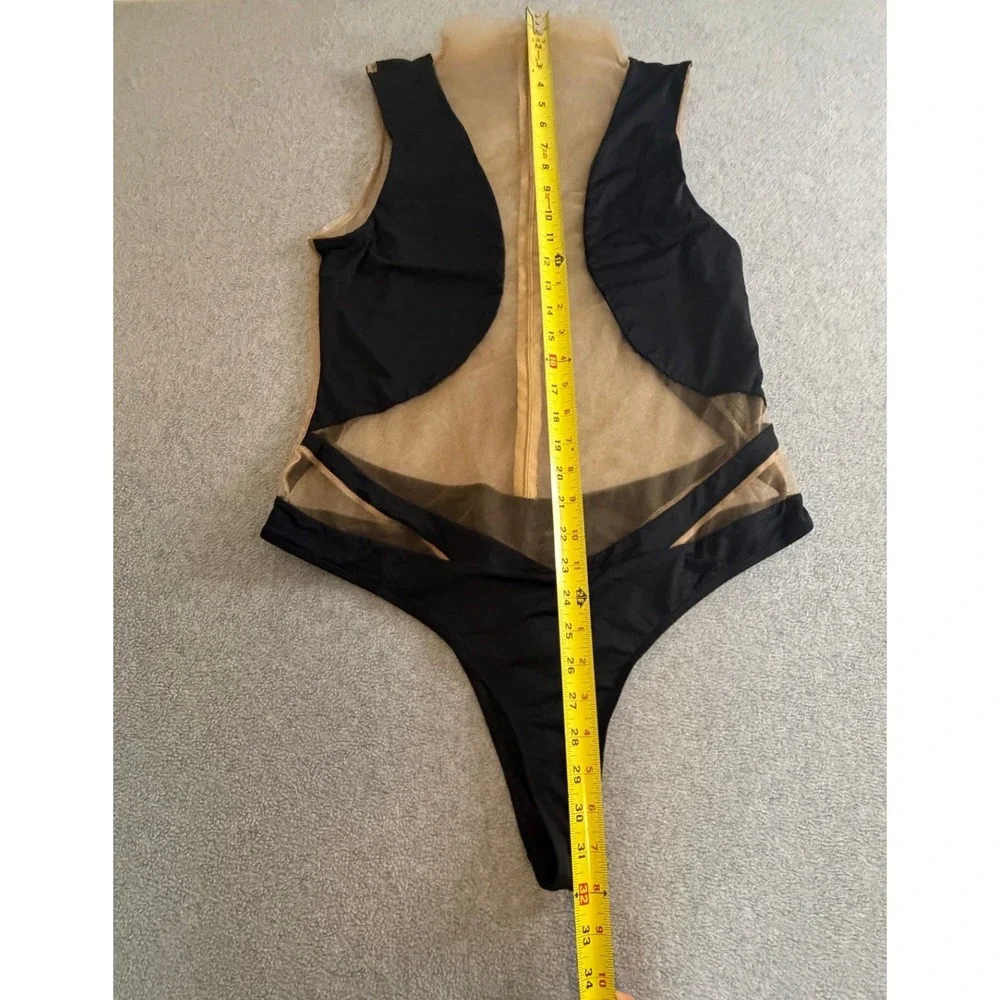 Fashion Nova Womens Black Nude Mesh Cutout Sleeveless Bodysuit Thong Back NWT